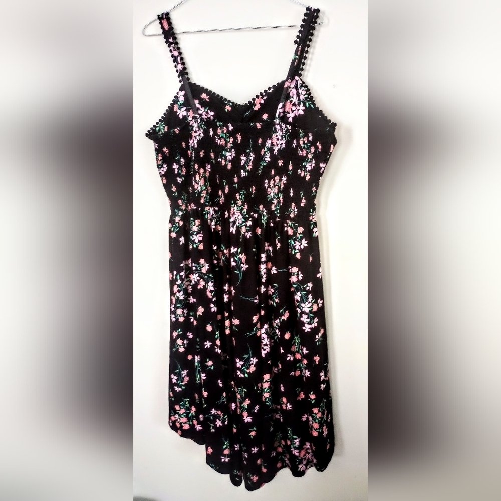SUMMER DRESS, BLACK WITH PINK FLOWERS, SIZE XXXL, UNEVEN LENGTH FRONT/BACK